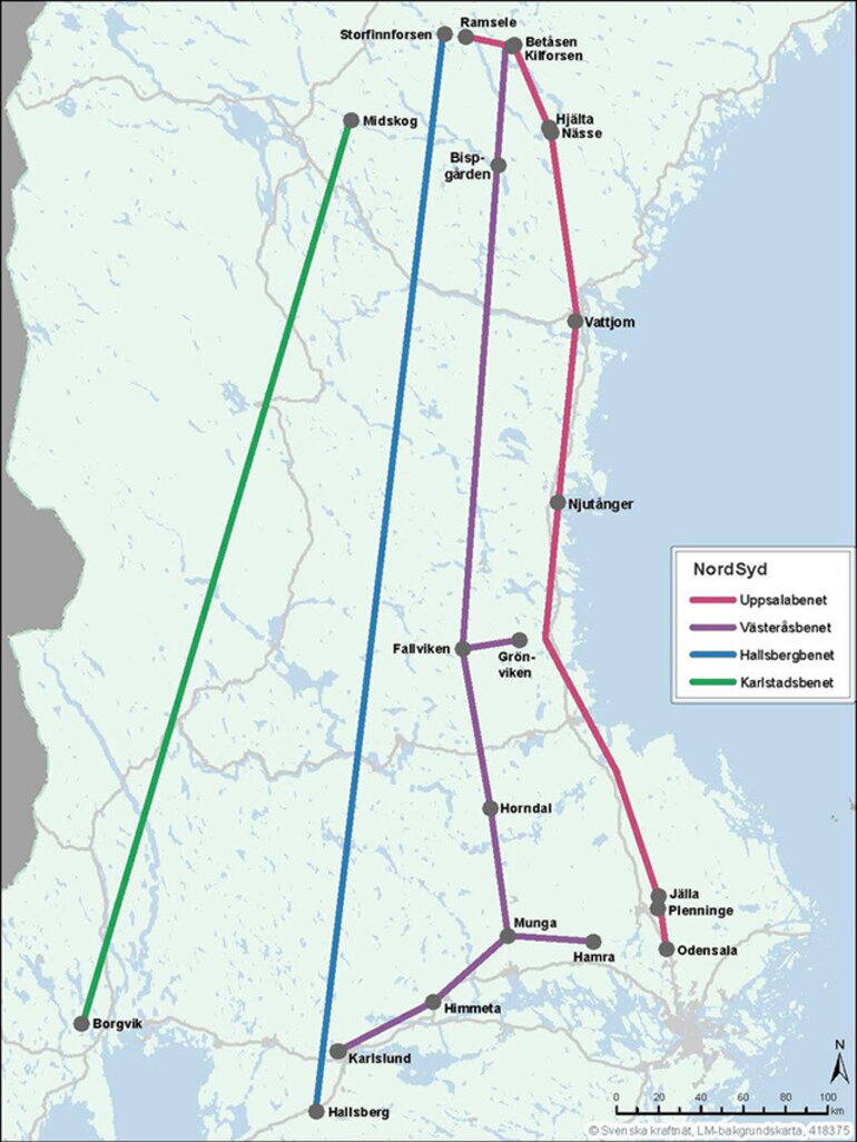 Karta över NordSyds fyra ledningsstråk