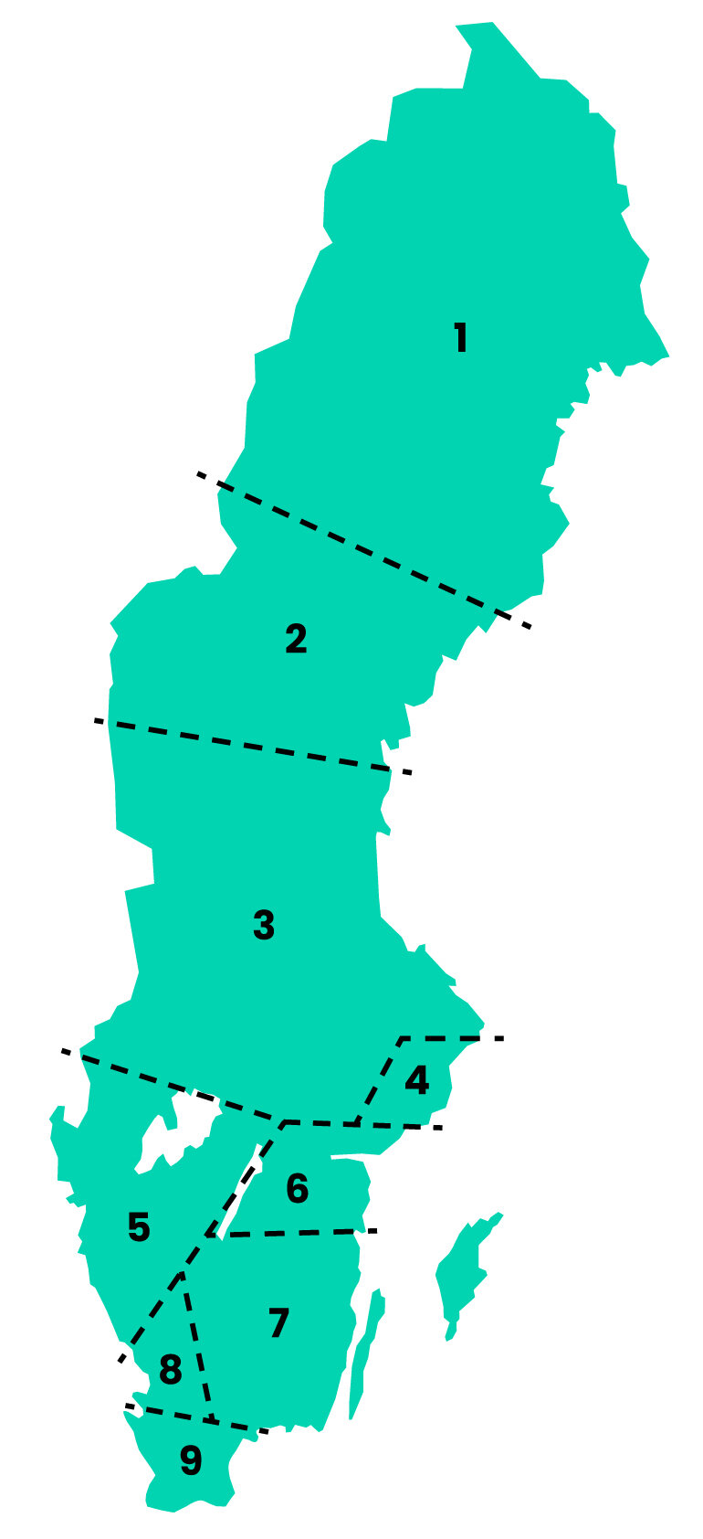 Karta över Sverige där de olika regionerna för nätutveckling visas inringade. 